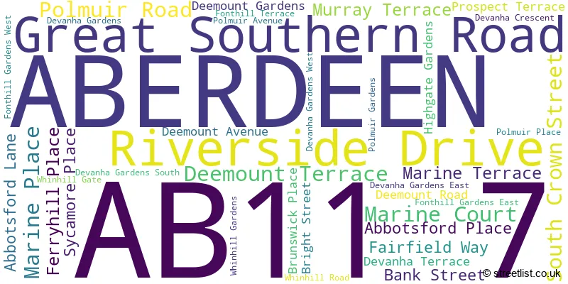A word cloud for the AB11 7 postcode